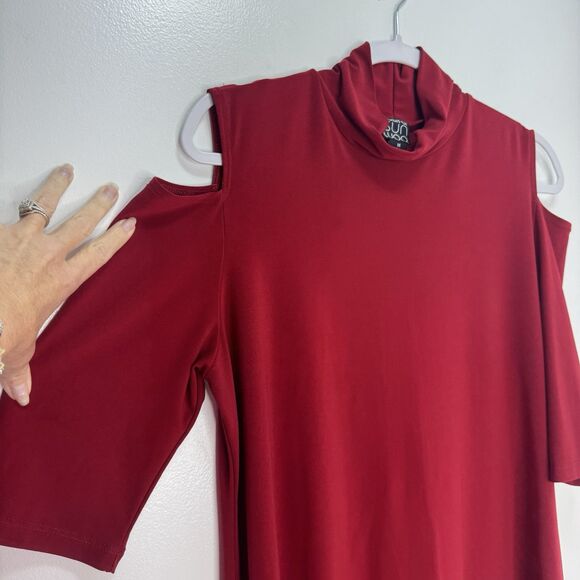 Clara Sun Woo Tunic Top Shirt Women’s M Red Asymmetrical Hem Stretch Lagenlook - Picture 4 of 5